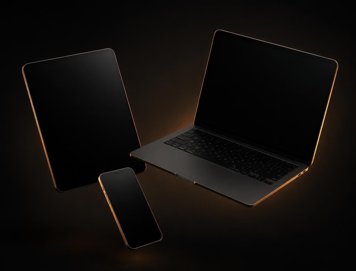 Laptop, tablet and phone lit with warm amber rim light