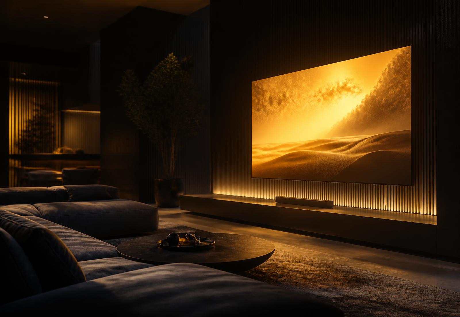 Dimly lit living room with a large screen glowing warm amber